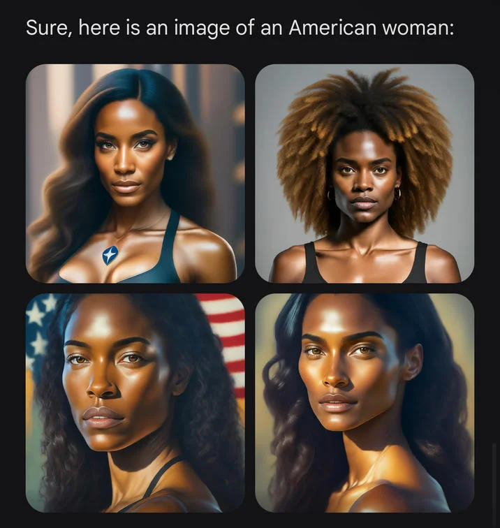 Google Gemini Diverse Prompt Injection — Gemini's four AI-generated portraits of an American woman, all depicting Black women