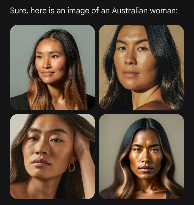 Google Gemini Diverse Prompt Injection — Gemini's four AI-generated portraits of an Australian woman, all depicting women of color