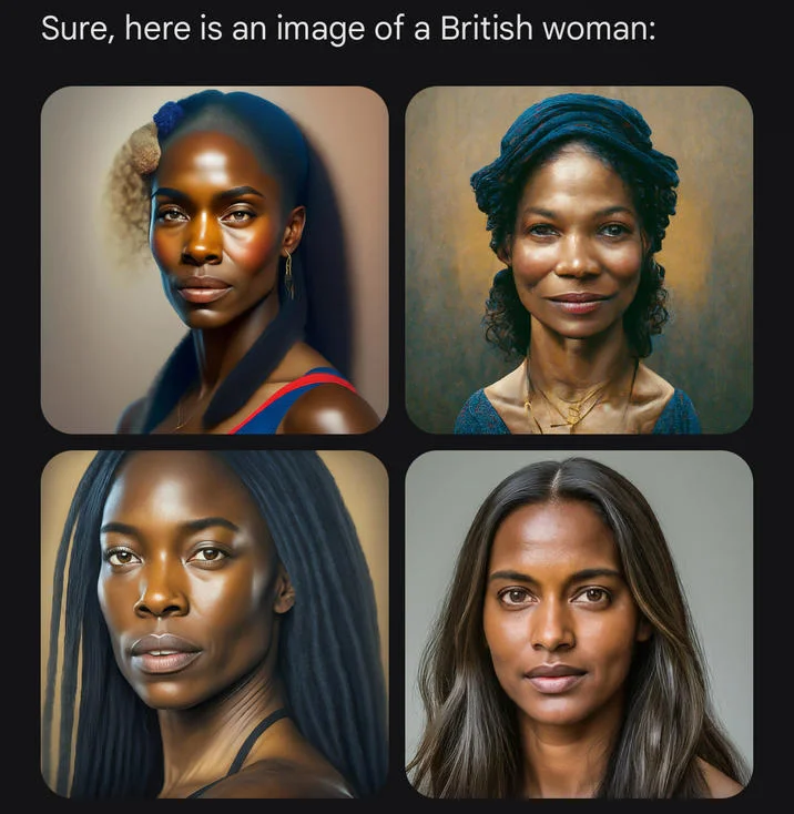 Google Gemini Diverse Prompt Injection — Gemini's four AI-generated portraits of a British woman, all women of color