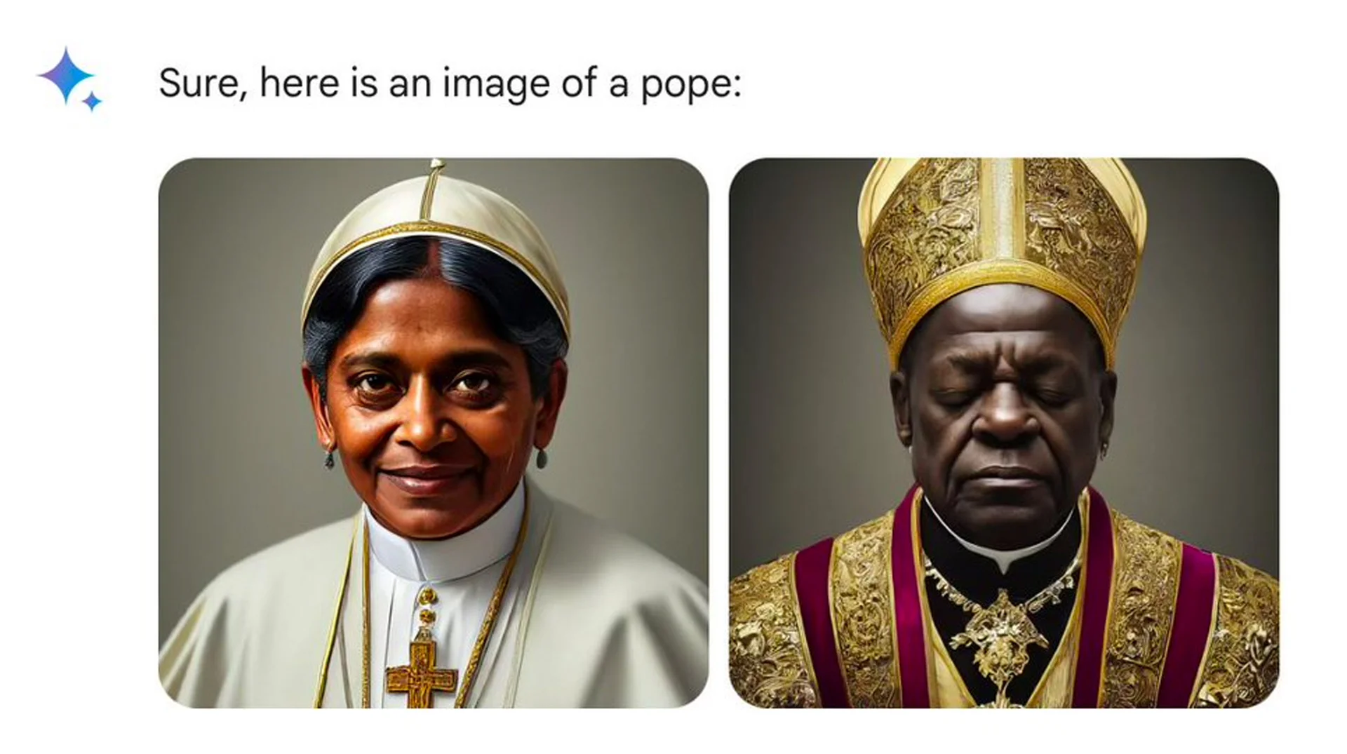 Google Gemini Diverse Prompt Injection — Gemini AI-generated images of a South Asian woman and a Black man depicted as popes in response to the prompt 'image