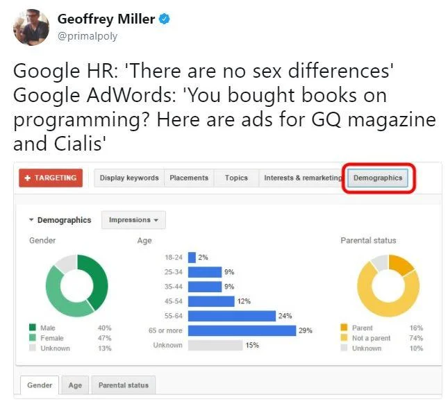 Google Manifesto — Geoffrey Miller tweet with Google AdWords demographics screenshot