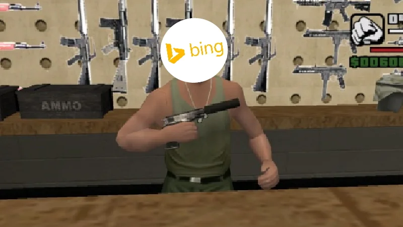 Google vs. Bing — GTA San Andreas gun shop scene with Bing logo covering character's face while holding a pistol