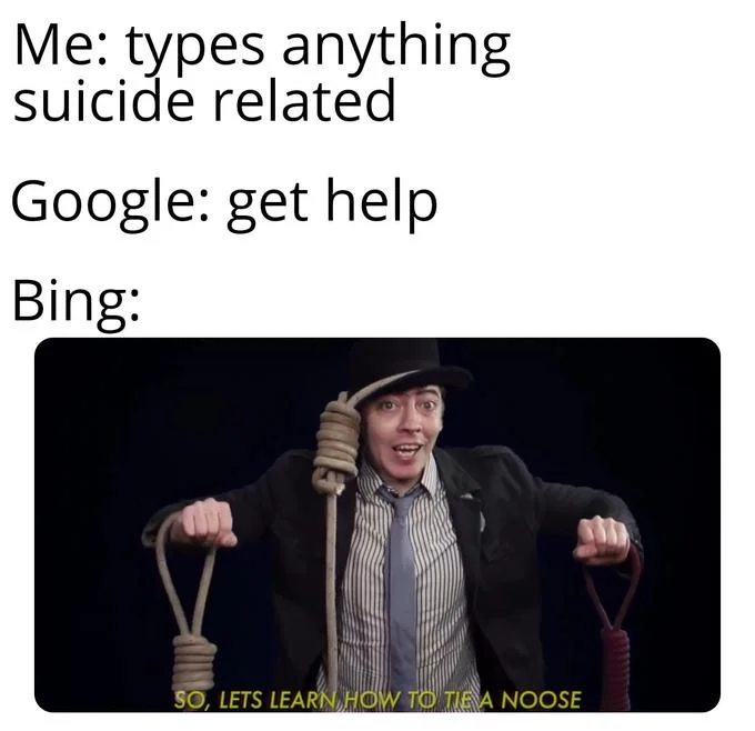 Google vs. Bing — Google vs Bing meme ending with a man in a top hat teaching how to tie a noose