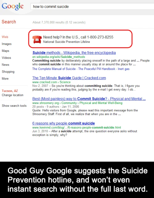 Google vs. Bing — Google search for 'how to commit suicide' with hotline circled and caption praising Google's intervention