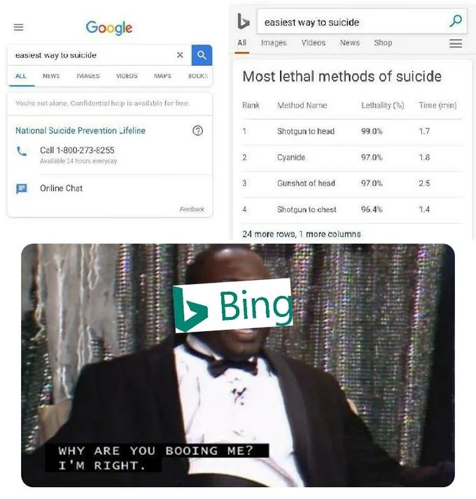 Google vs. Bing — Side-by-side Google and Bing search comparison on suicide topic with 'Why are you booing me? I'm right' reaction below