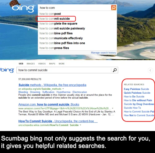 Google vs. Bing — Bing search autocomplete and related searches suggesting suicide methods, highlighted in red