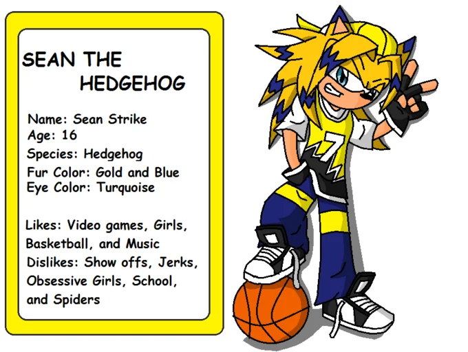 Google "[Your Name] The Hedgehog", Post Result — Sonic OC fan character profile for Sean the Hedgehog with yellow spiky hair, basketball jersey, and bio details