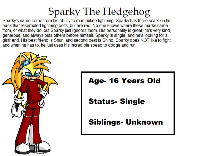 Google "[Your Name] The Hedgehog", Post Result — Sonic OC fan art of Sparky The Hedgehog in red outfit with lightning-themed bio and stats