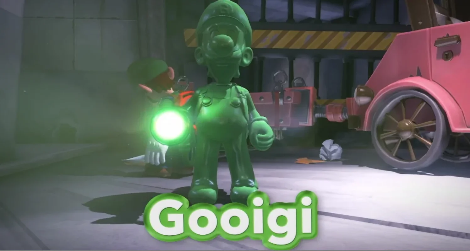 Green goo Luigi doppelganger labeled Gooigi standing next to Luigi
