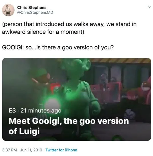 Tweet imagining Luigi awkwardly meeting Gooigi with E3 news card