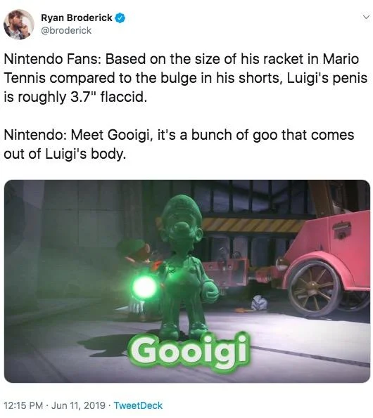 Ryan Broderick tweet joking that Nintendo introduced Gooigi in response to Luigi fan theories