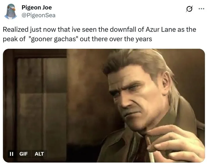 Gooner Bait Games Gooner Arms Race — Tweet using Old Snake from Metal Gear Solid reacting to gooner gacha history