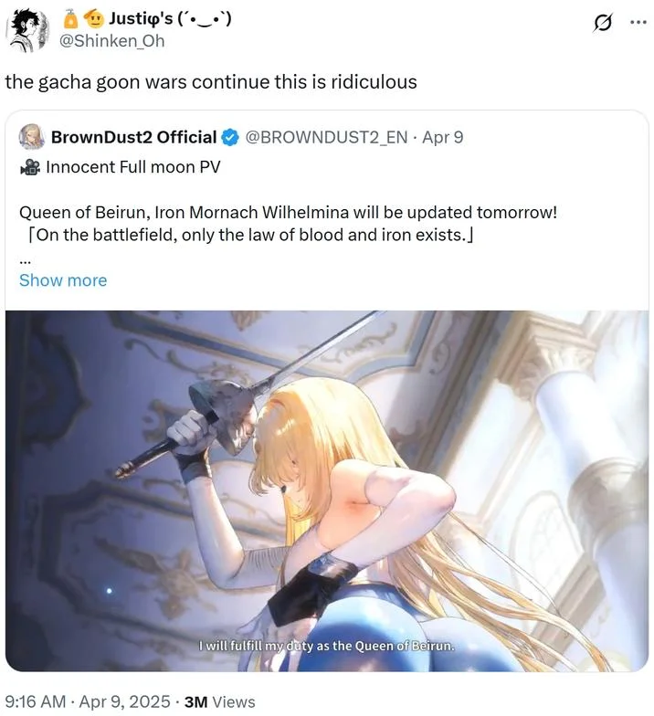 Gooner Bait Games Gooner Arms Race — Tweet reacting to BrownDust2 promotional art declaring the gacha goon wars continue