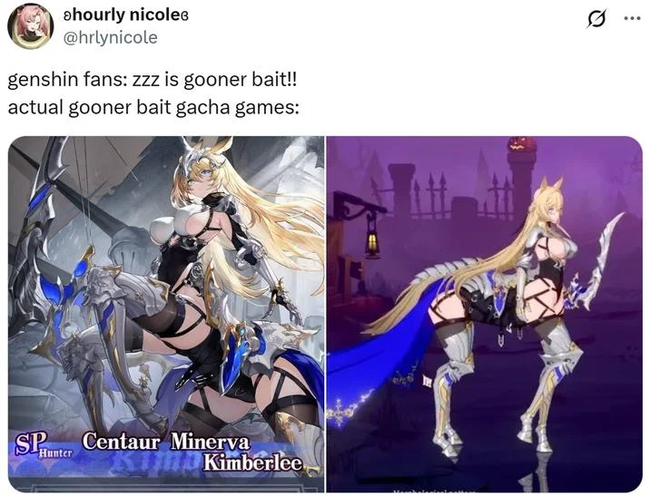 Gooner Bait Games Gooner Arms Race — Tweet contrasting Genshin with a centaur gacha character Minerva Kimberlee