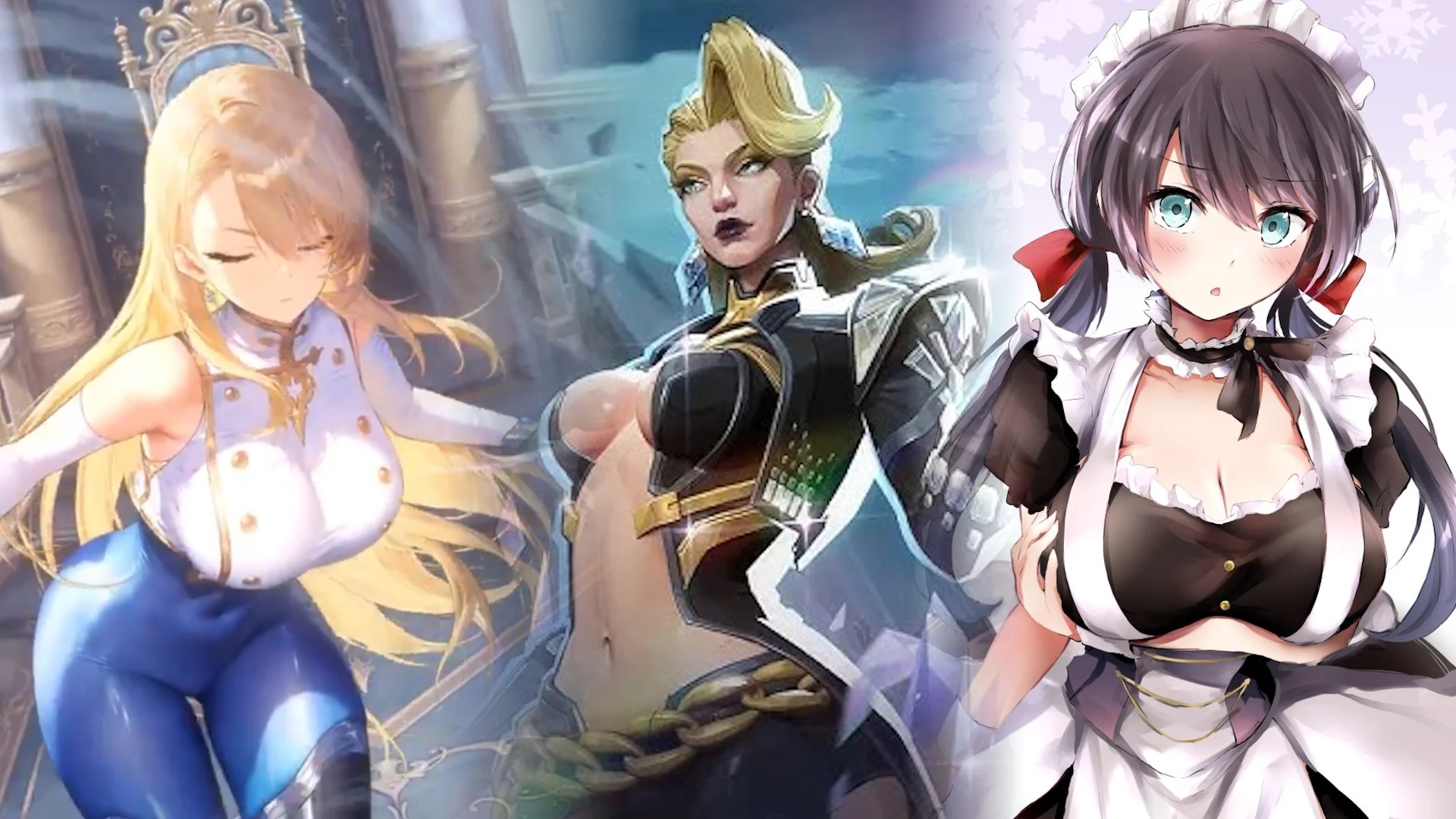 Gooner Bait Games Gooner Arms Race — Collage of three busty anime women from gacha games including a maid character