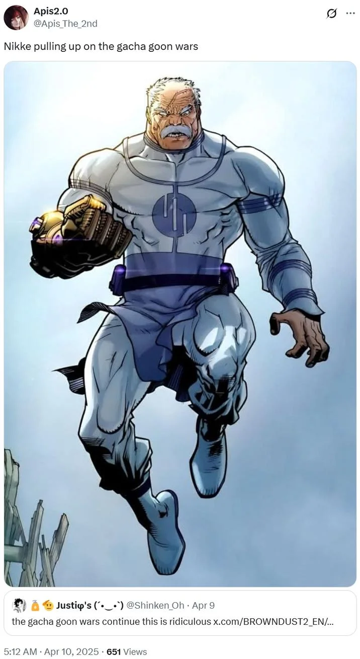 Gooner Bait Games Gooner Arms Race — Comic panel of a muscular old hero used to represent Nikke entering the gacha goon wars