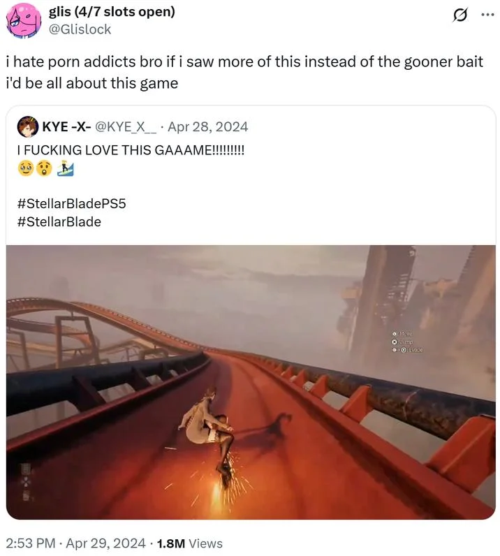 Gooner Bait Games Gooner Arms Race — Tweet by glis quote-tweeting a Stellar Blade PS5 gameplay clip