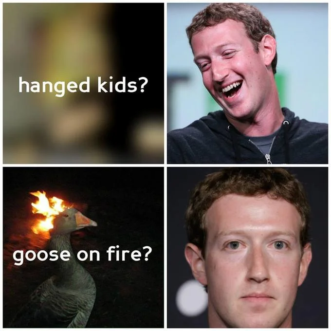 Goose On Fire Fire Duck — Zuckerberg reaction meme choosing goose on fire over hanged kids