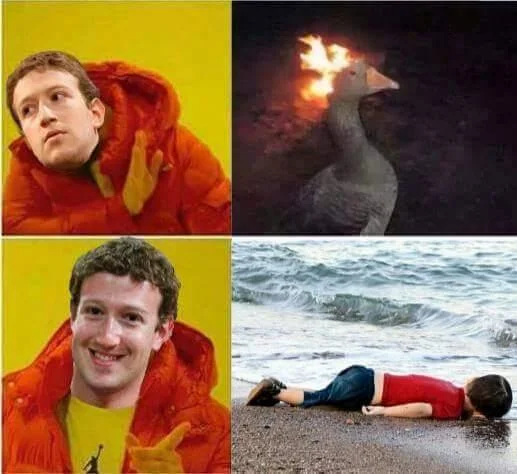Goose On Fire Fire Duck — Four-panel Zuckerberg reaction meme comparing flaming goose to tragic beach photo