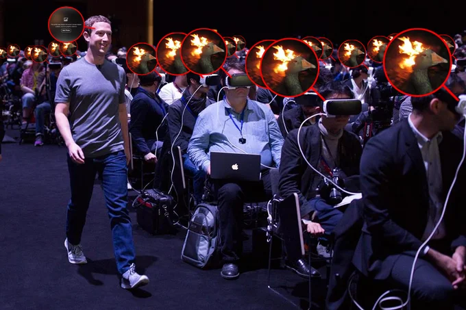 Goose On Fire Fire Duck — Zuckerberg VR conference photo with attendees' heads replaced by flaming geese