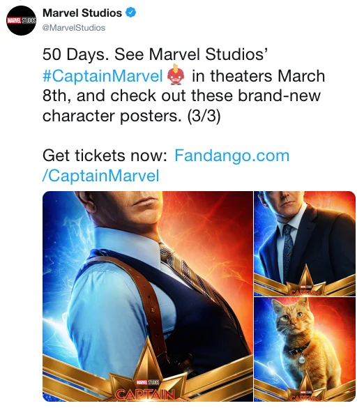 Goose The Cat — Marvel Studios tweet showing Captain Marvel character posters including Goose