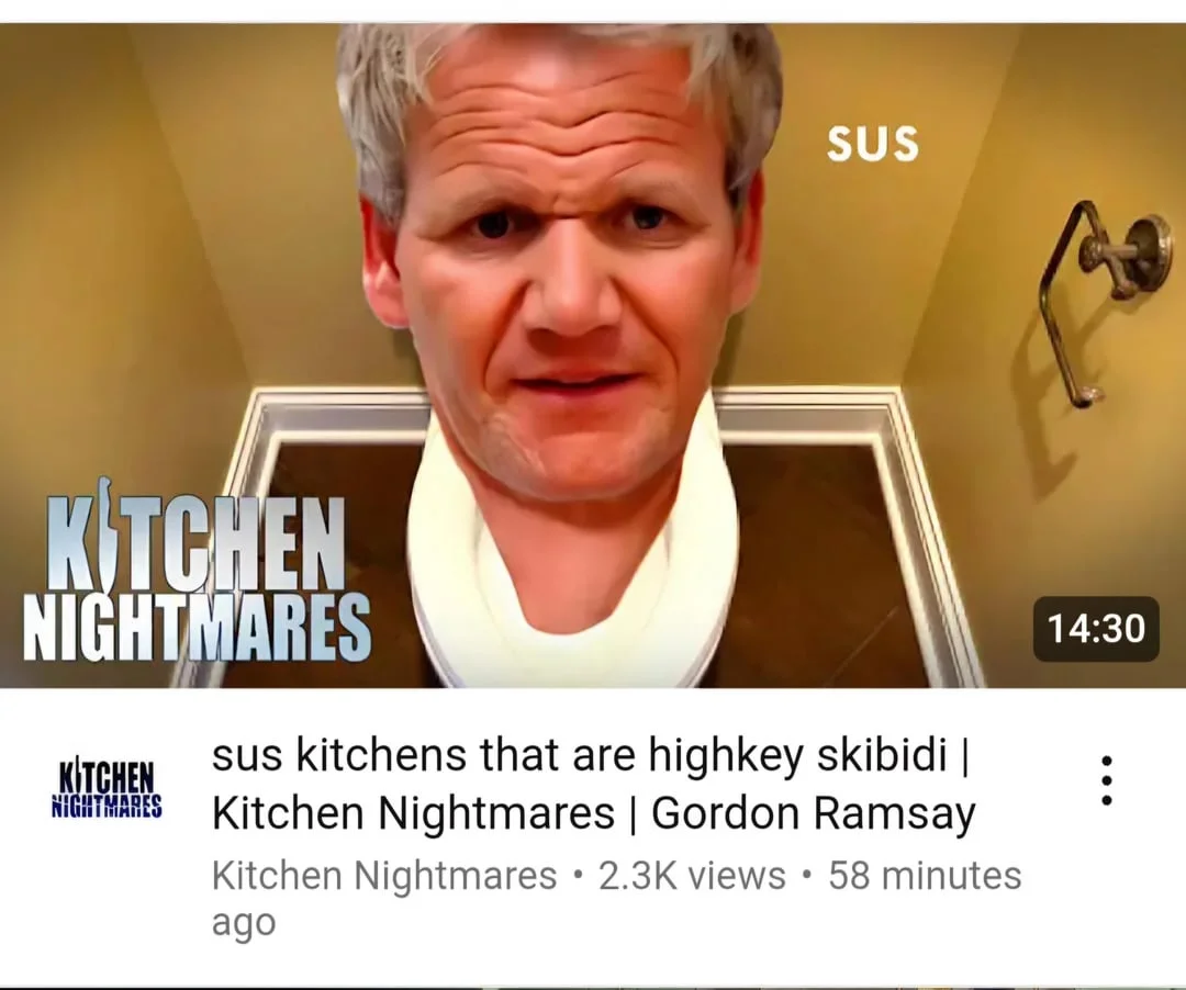 Fake YouTube thumbnail of Gordon Ramsay's head in a toilet with 'sus' text and Skibidi-style title