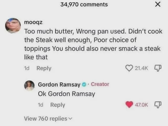 TikTok comment where Gordon Ramsay replies 'Ok Gordon Ramsay' to a critic