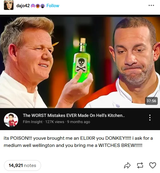 Tumblr post joking about Gordon Ramsay holding a cartoon poison bottle and calling it a witches brew