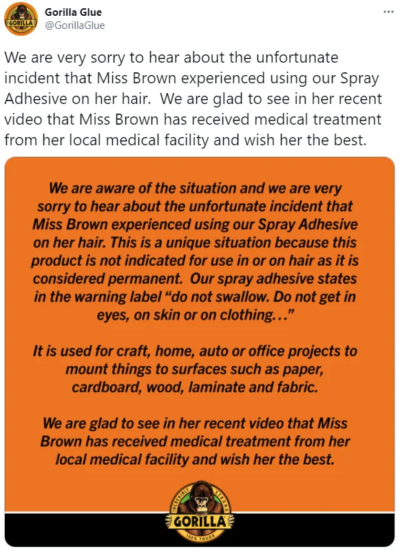 Gorilla Glue Girl — Official Gorilla Glue Twitter statement responding to the incident with Tessica Brown