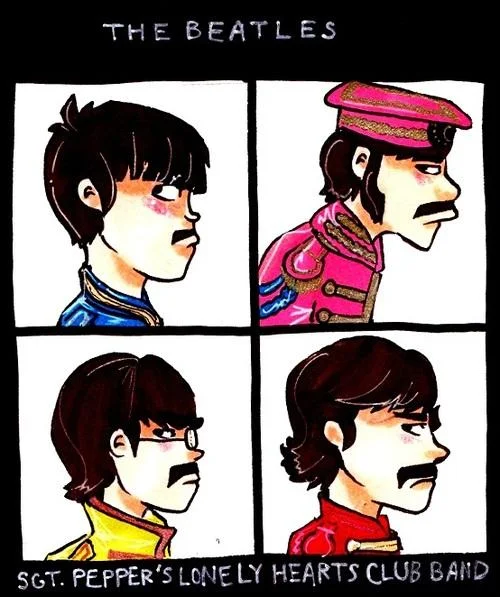 Gorillaz Demon Days Cover Parodies — The Beatles hand-drawn parody in military uniforms within white boxes with 'SGT. PEPPER'S' text.