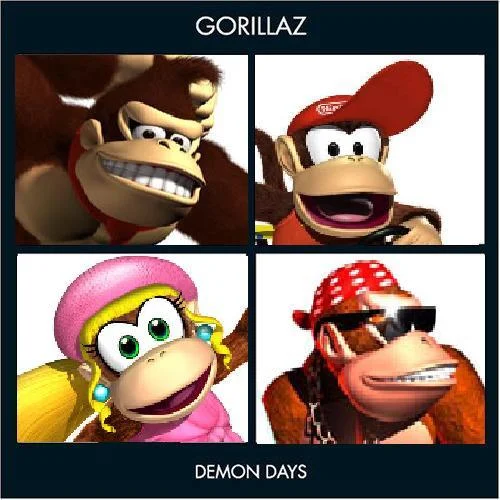 Gorillaz Demon Days Cover Parodies — Donkey Kong franchise parody with DK, Diddy, Dixie, and Funky Kong in white portrait boxes on black background.