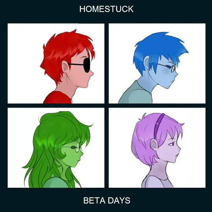 Gorillaz Demon Days Cover Parodies — Homestuck parody with Beta Kids in white boxes with 'HOMESTUCK BETA DAYS' text.