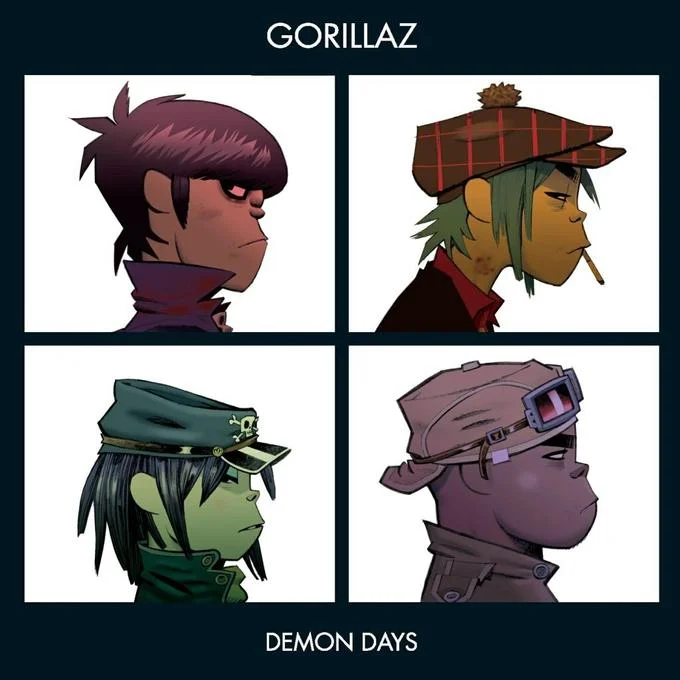 Gorillaz Demon Days Cover Parodies — Official Gorillaz Demon Days 2005 album cover with four animated band members in profile within white boxes.