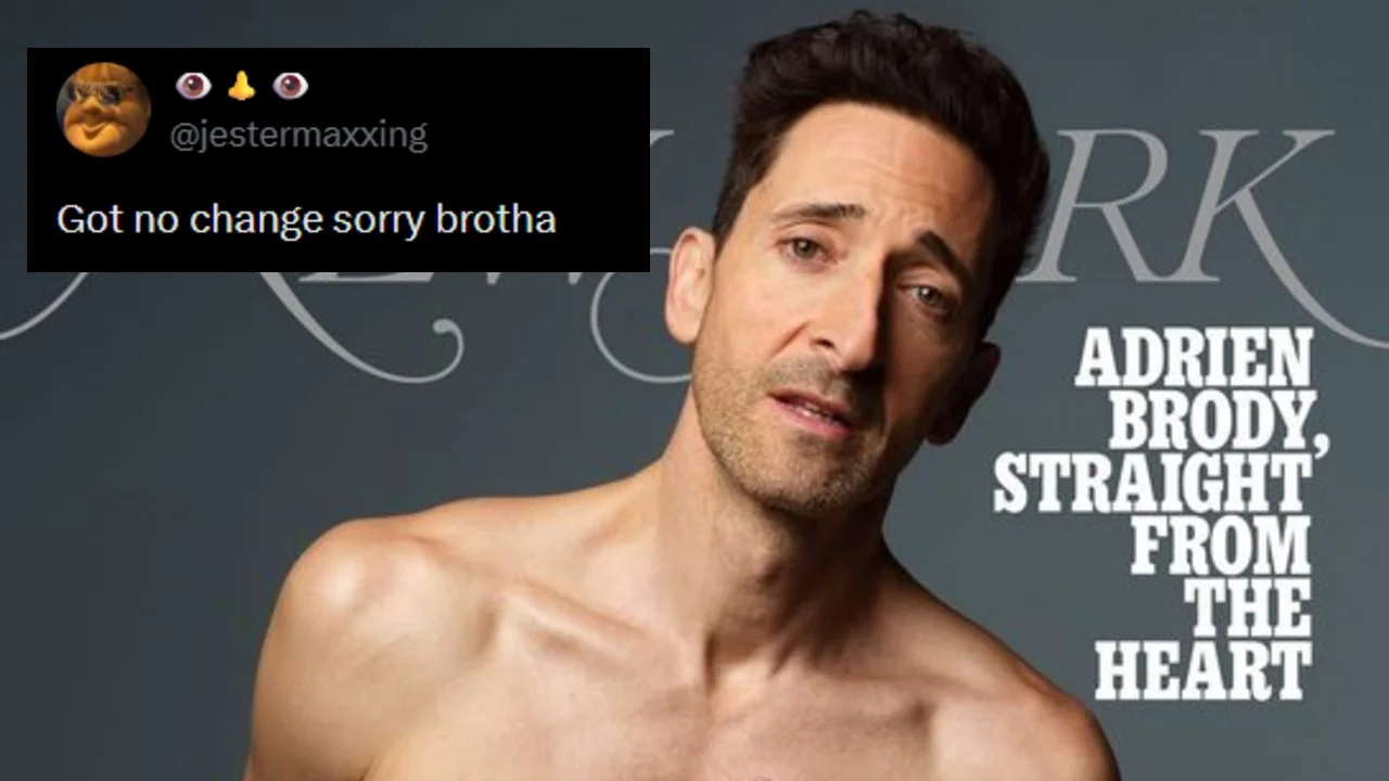 Adrien Brody shirtless New York Magazine cover with overlaid tweet 'Got no change sorry brotha'.