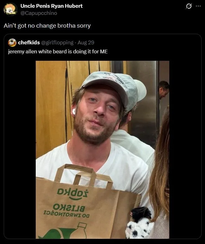 Tweet applying 'Got no change sorry brotha' to a mirror selfie of a young man in a Marc Jacobs sweatshirt.