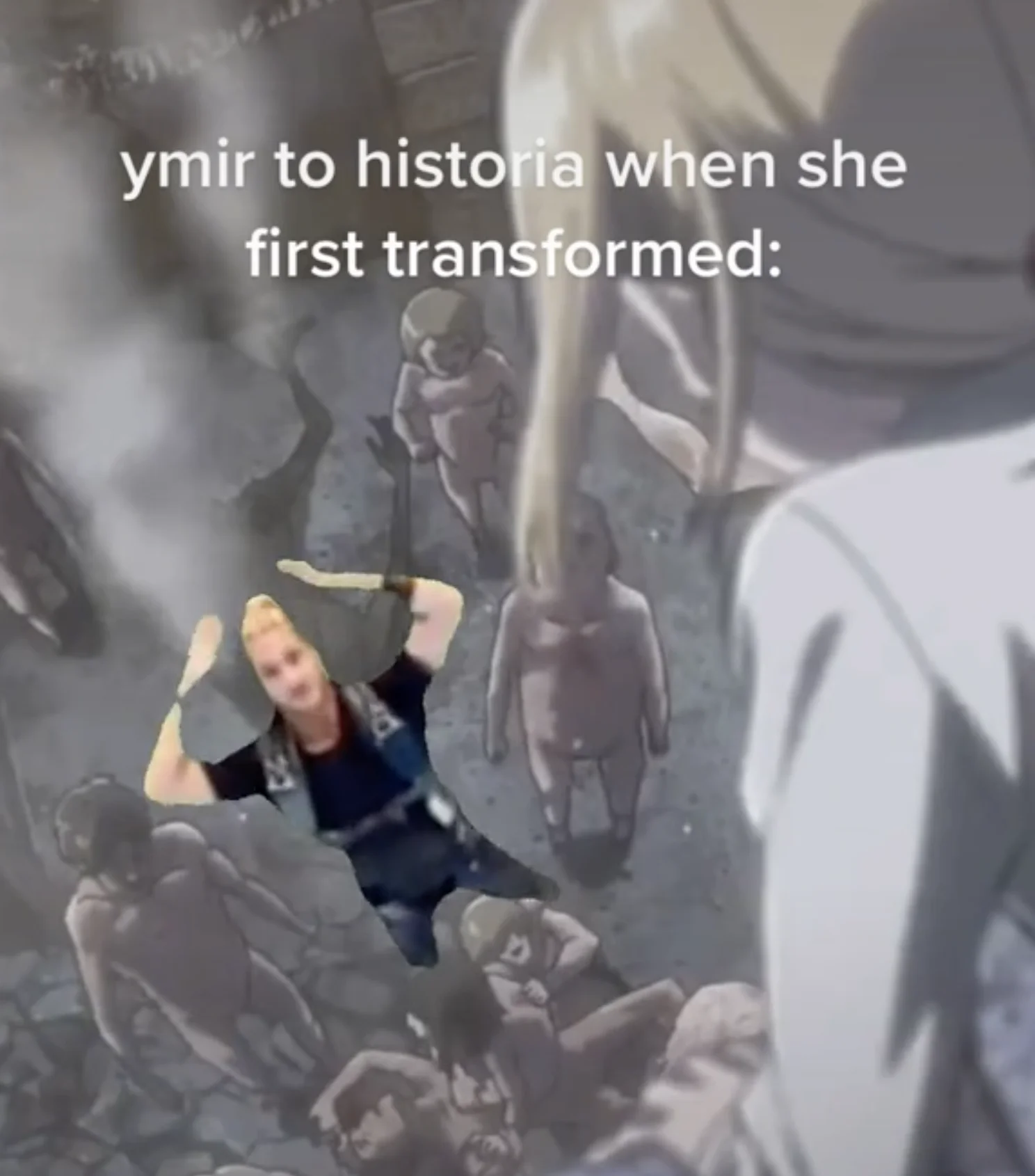 Got The Framing Right? — Freddy Chase green-screen cut-out overlaid on an Attack on Titan scene showing Titan Historia, with caption about Ymir and Historia.