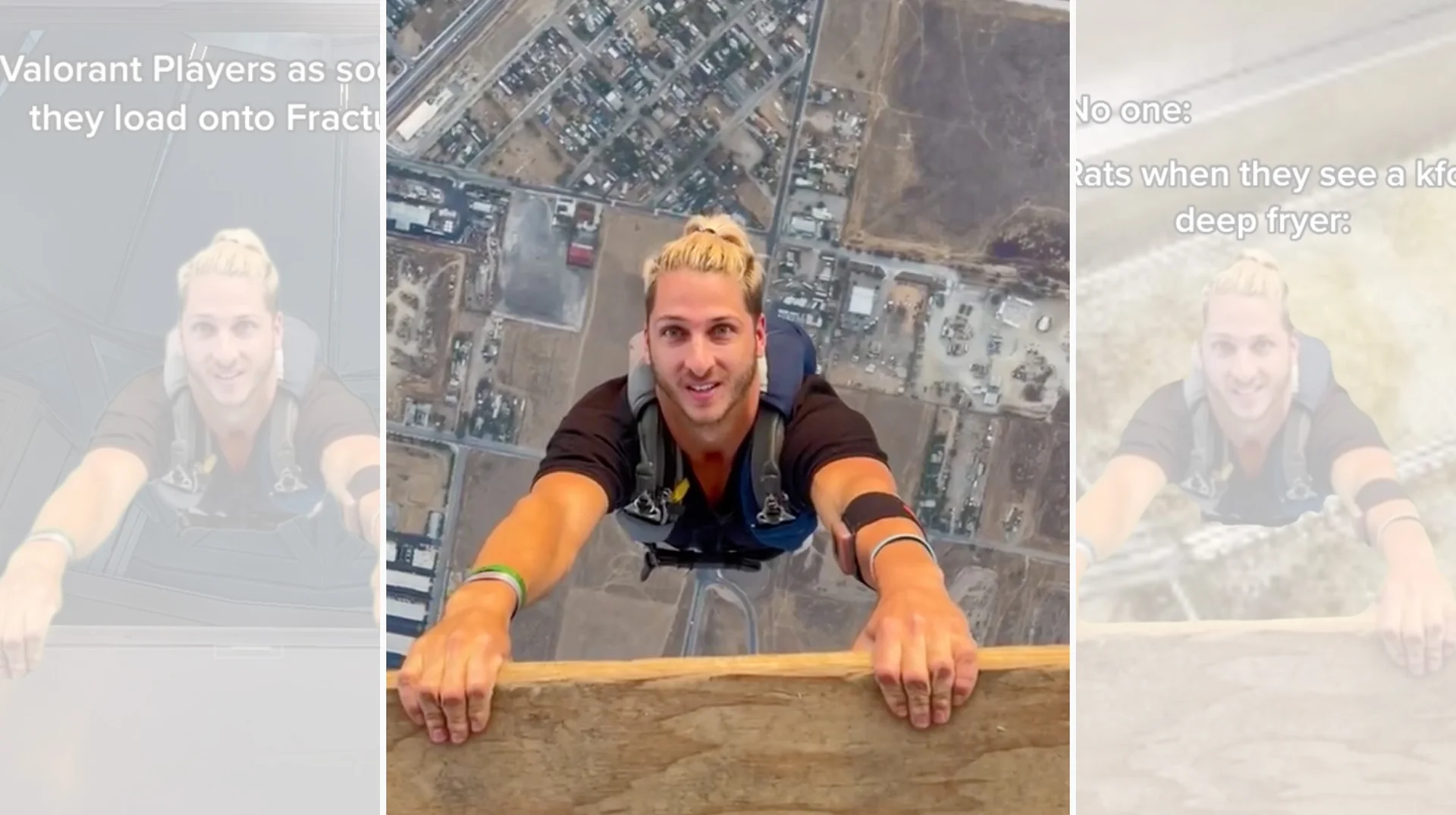 Got The Framing Right? — Triptych showing Freddy Chase skydiving footage in the center with two green-screen meme edits on either side featuring text captions.
