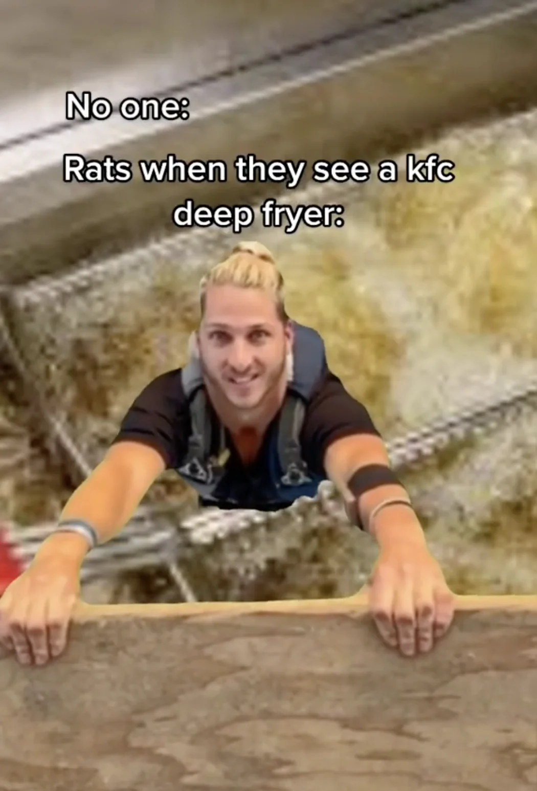 Got The Framing Right? — Freddy Chase green-screen cut-out climbing over an image of fried chicken with caption about rats and a KFC deep fryer.
