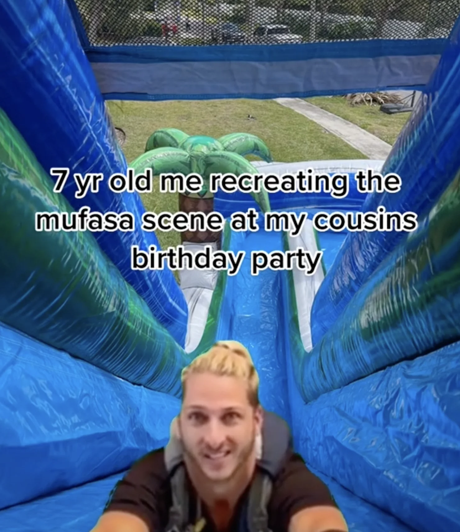 Got The Framing Right? — Freddy Chase green-screen cut-out composited onto an inflatable water slide with caption about recreating the Mufasa scene.