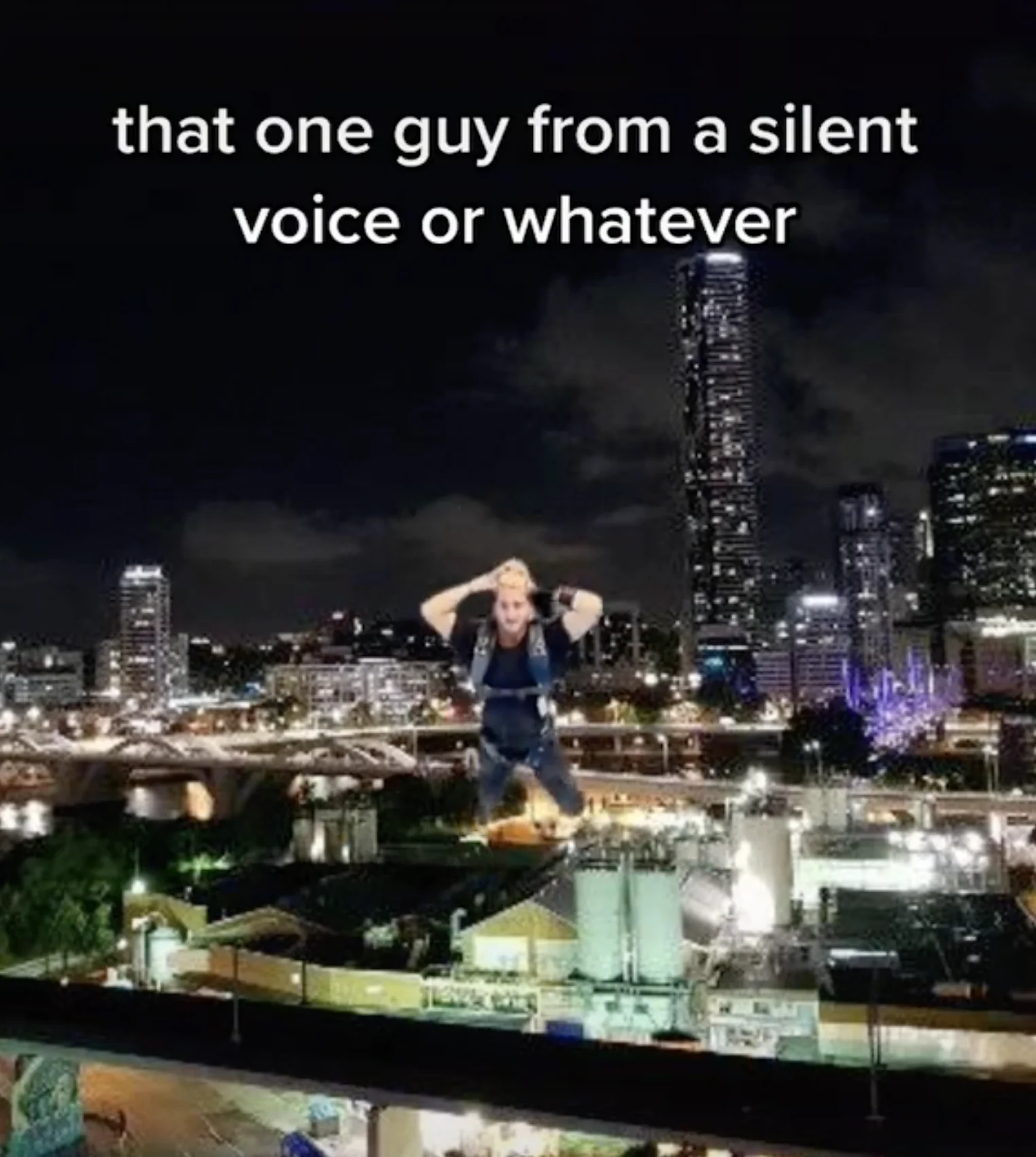 Got The Framing Right? — Freddy Chase green-screen cut-out over a nighttime city skyline with caption referencing A Silent Voice.