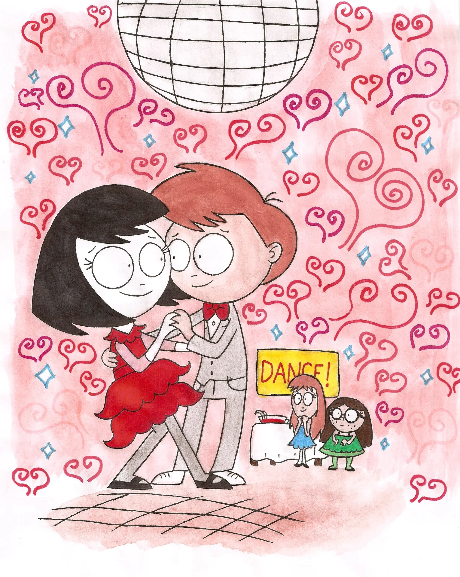 Cartoon of a goth girl in a red dress dancing with a boy at a school dance.