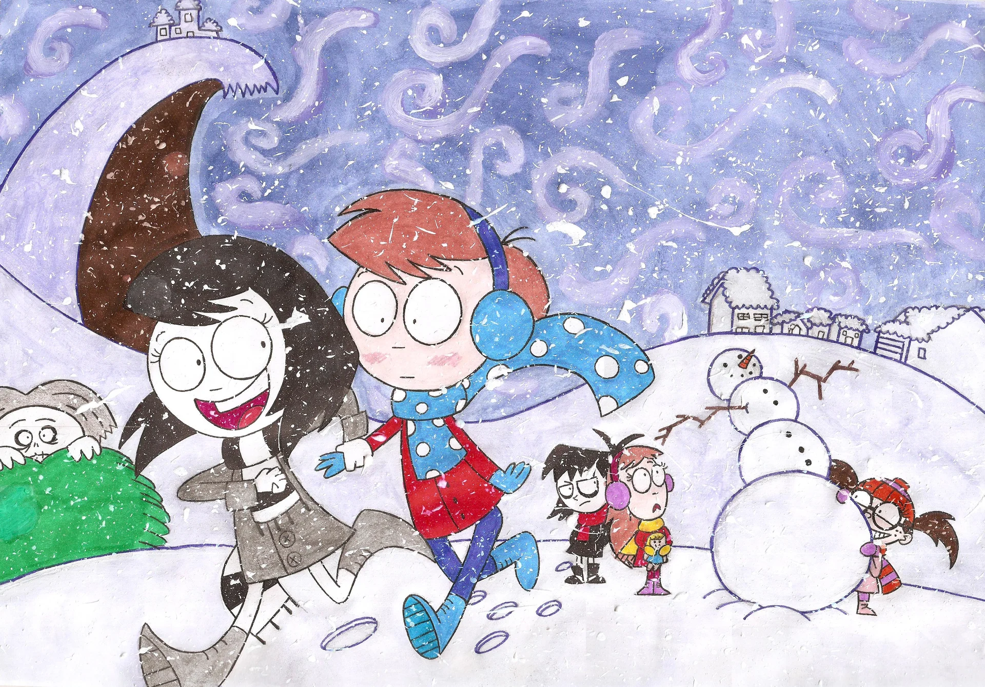 Cartoon goth girl and boy running through snow at night.