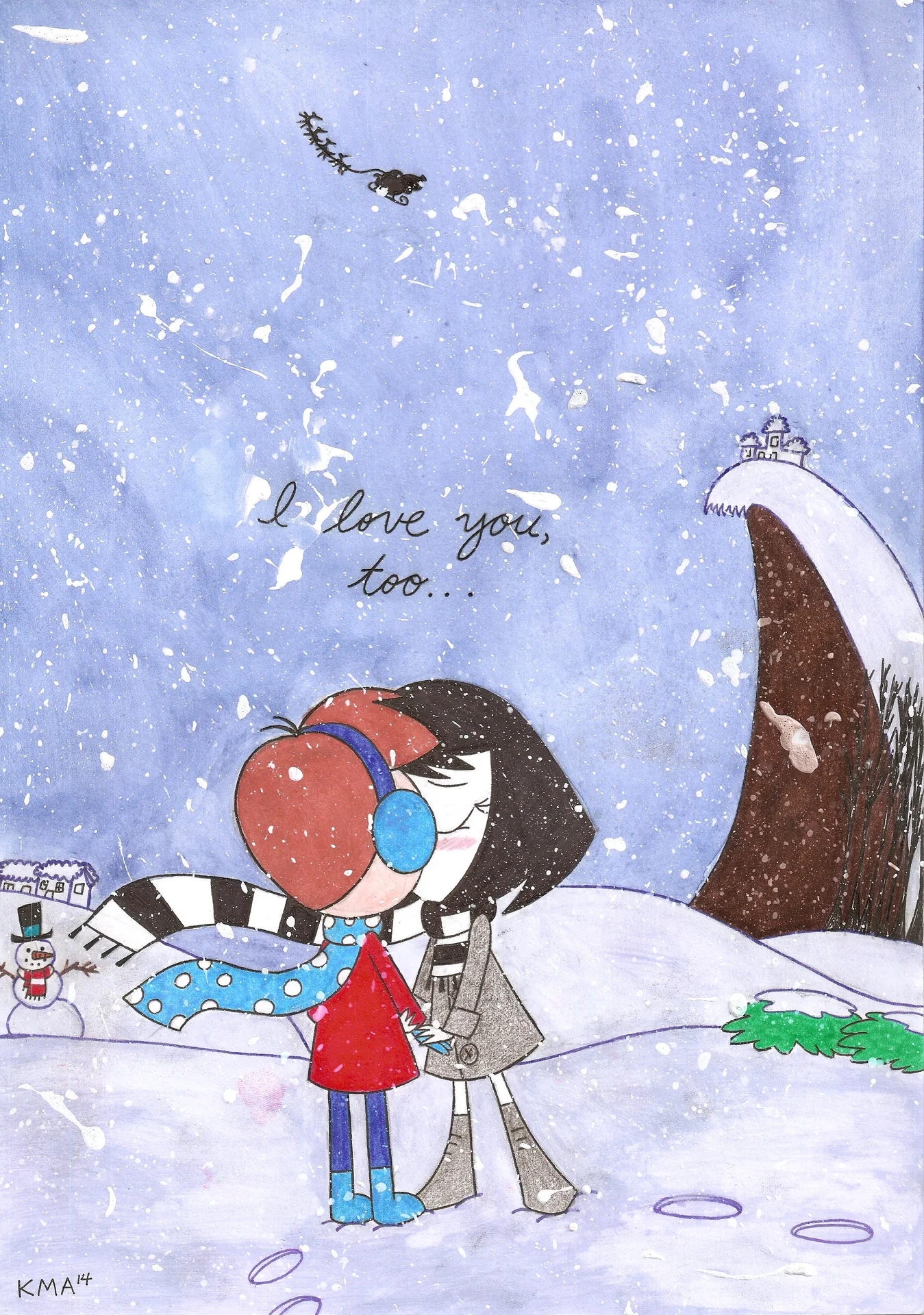 Illustration of a goth girl and boy kissing in the snow with 'I love you, too' written above.