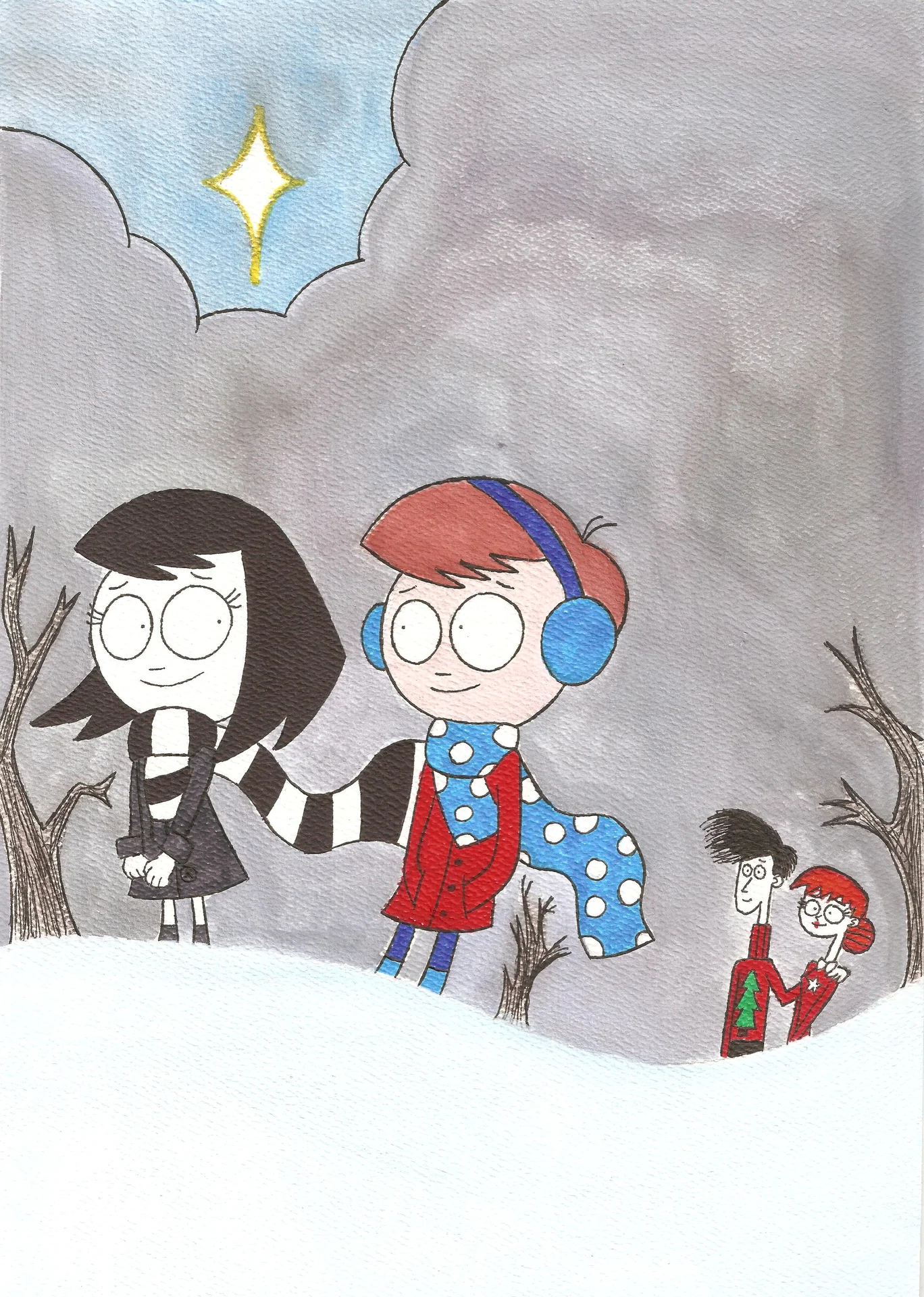 Watercolor illustration of goth girl and boy holding hands in snow under a star.