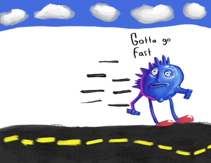 Digital painting recreation of Gotta Go Fast Sonic meme with clouds and road