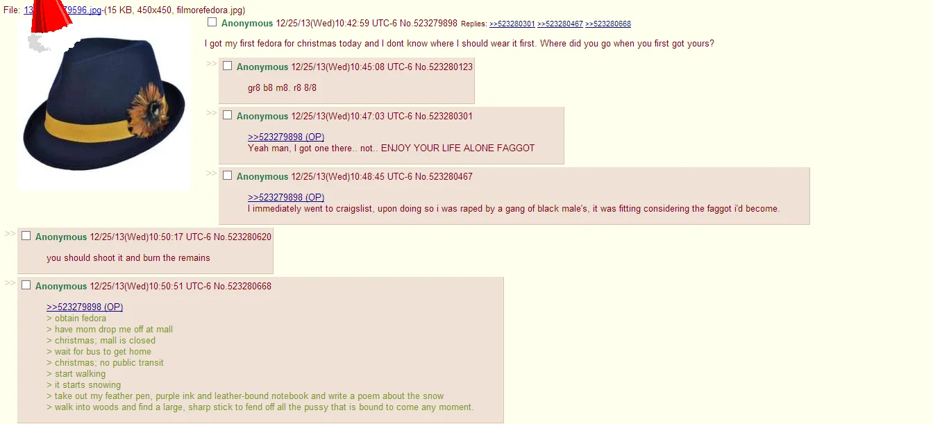 4chan thread screenshot with fedora image and gr8 b8 m8 reply