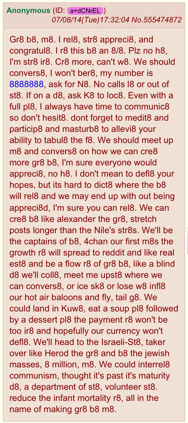 4chan copypasta post praising gr8 b8 m8 meme