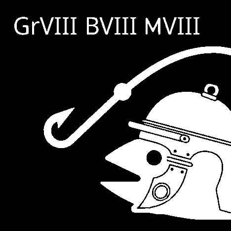 Gr8 B8 M8 — Roman numeral version GrVIII BVIII MVIII with centurion helmet and fishing hook