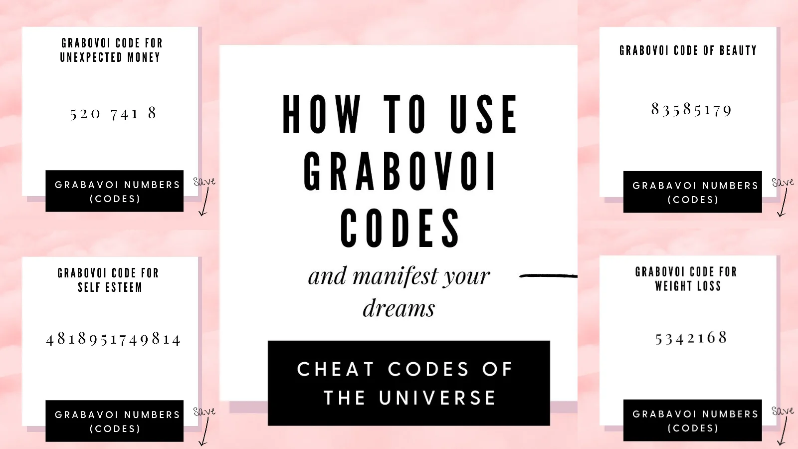 Grabovoi Cheat Codes — Pink infographic listing Grabovoi number codes for money, beauty, self esteem, and weight loss with the subtitle 'cheat codes of the