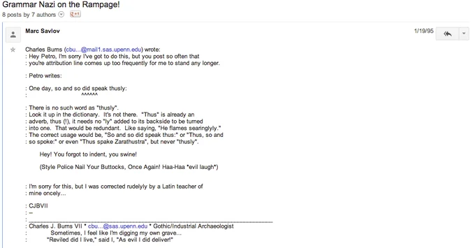 Blog post titled 'Grammar Nazi on the Rampage' featuring quoted grammar correction examples.